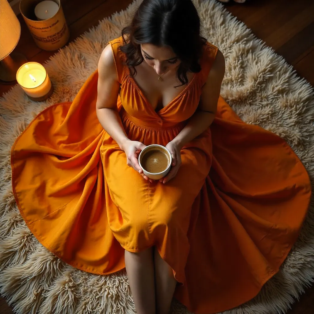 Top-Down Cozy Orange Dress Coffee Moment
