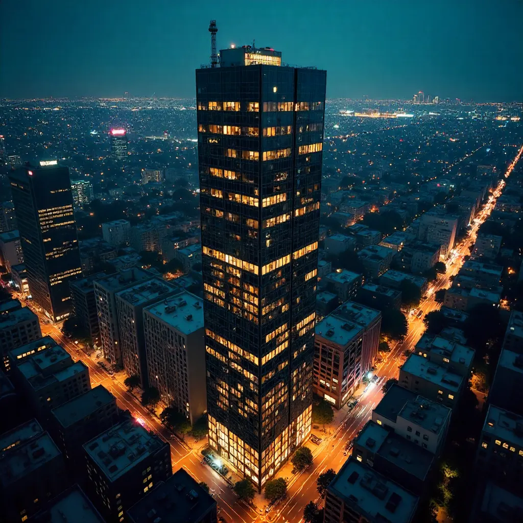 Aerial Night View of a Glowing LA Skyscraper