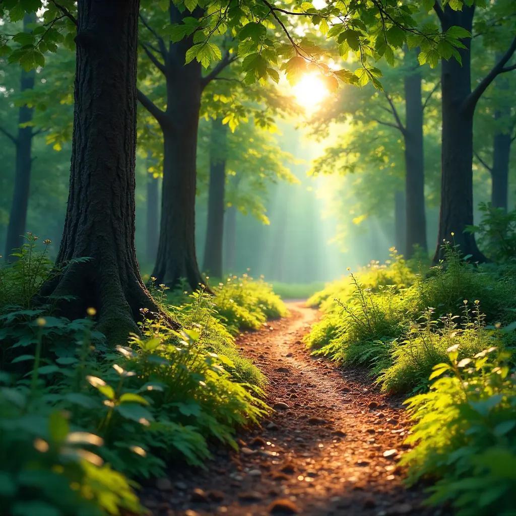 Sunlit Forest Path in Summer