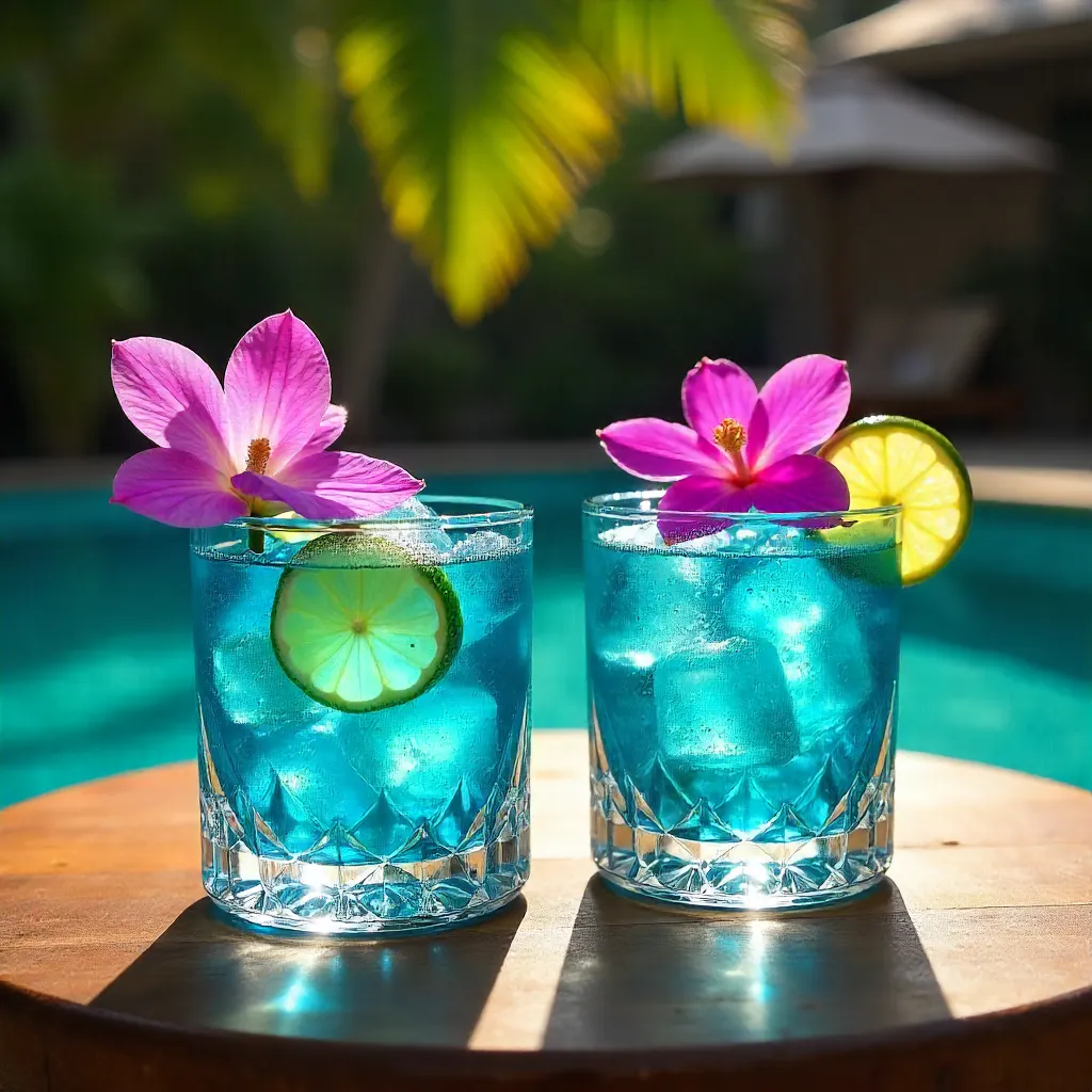 Two Blue Cocktails by a Sunlit Poolside