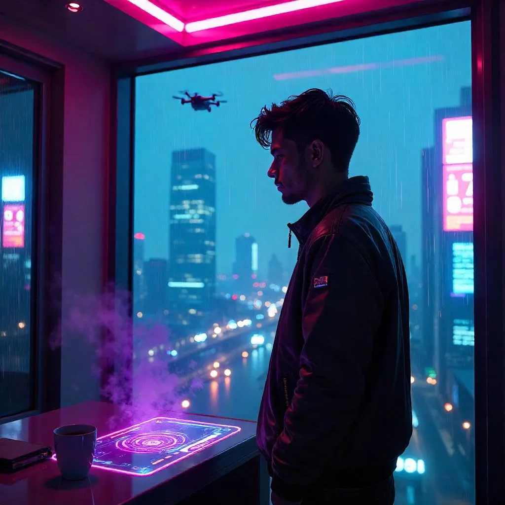 Neon Noir: A Young Latino in a Cyberpunk Hotel Room