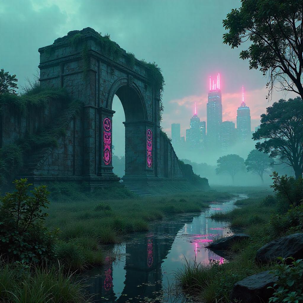 Neon Marsh Ruins: Cyberpunk Temple