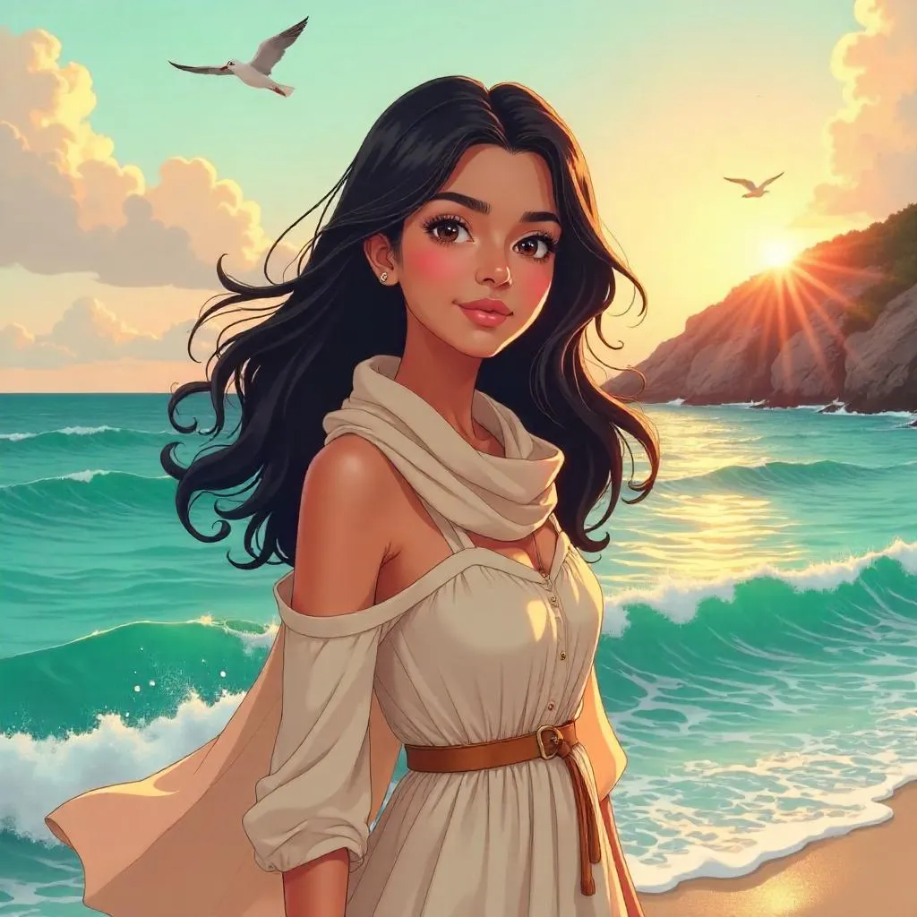Anime Portrait: Young Middle Eastern Woman by the Ocean