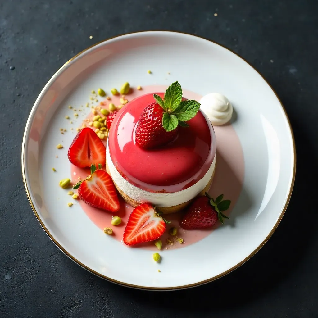 Top-View Gourmet Strawberry Dessert on Gold-Rimmed Plate