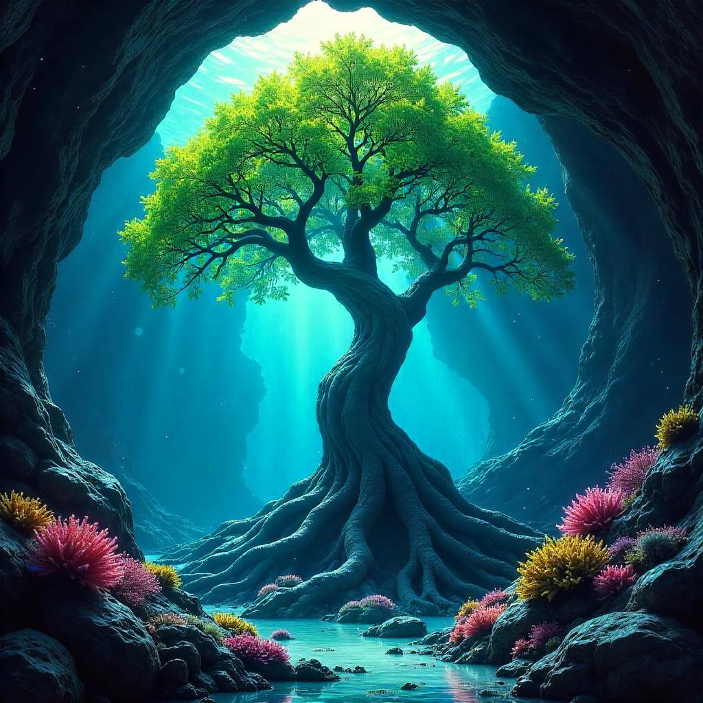 Underwater Cave Tree: Neon Bioluminescent Forest