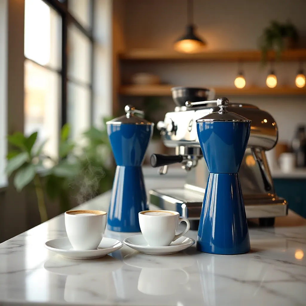 Blue Grinders and Espresso in a Chic Café