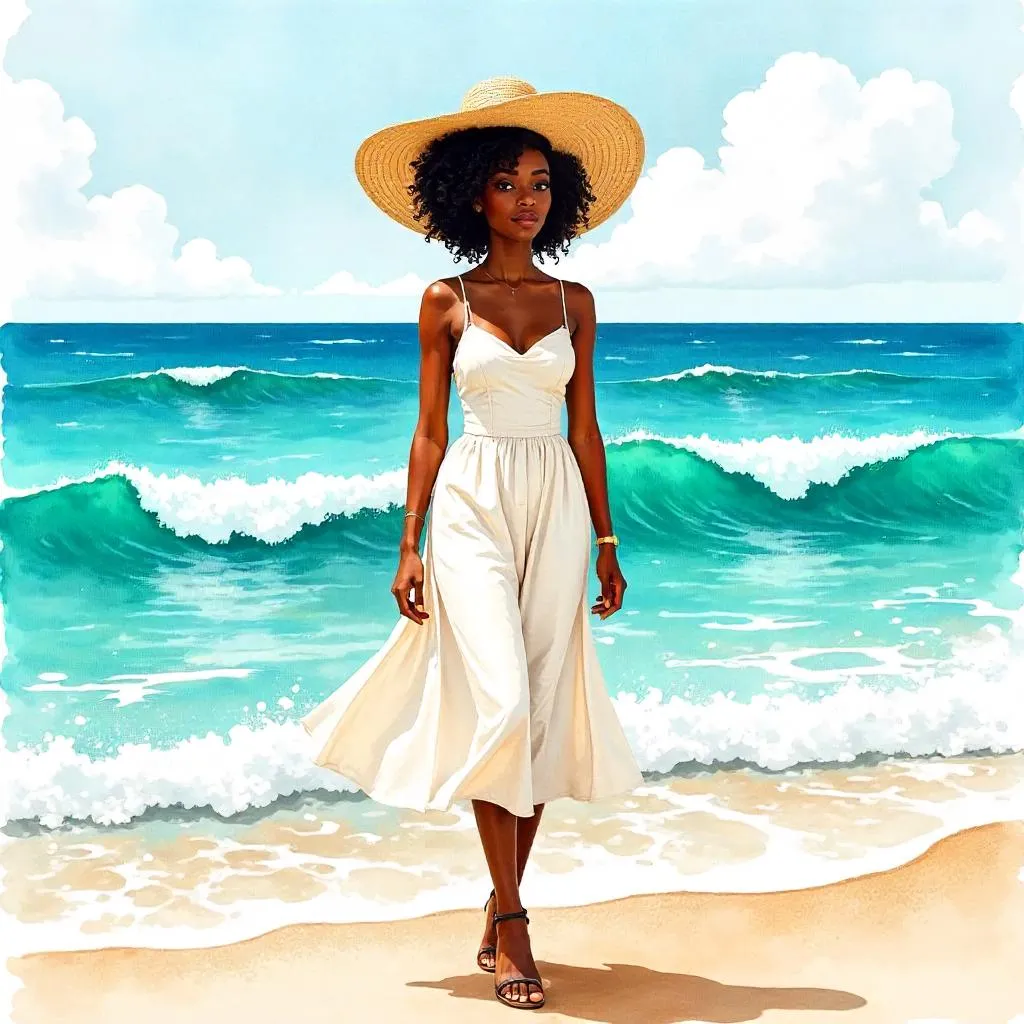 Watercolor by the Ocean: Stylish Black Girl