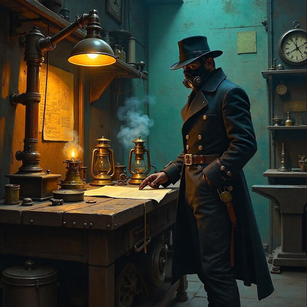 Masked Assassin in a Brass Steampunk Workshop