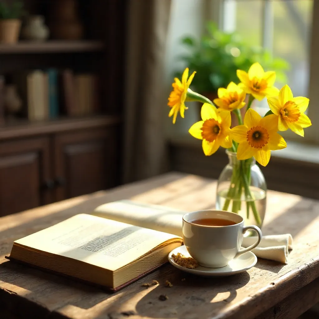 Cozy Open-Book Tea Setup with Bright Yellow Blooms