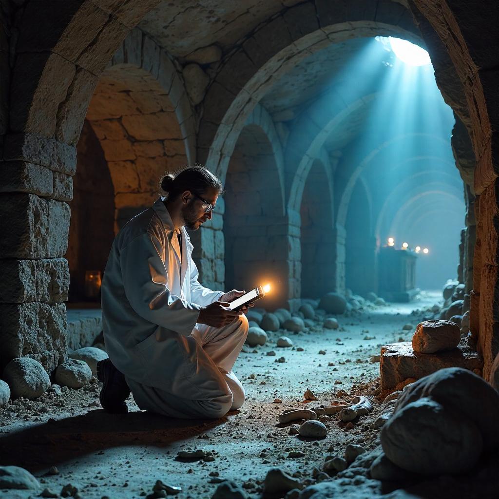 Photorealistic Scientist in an Ancient Crypt