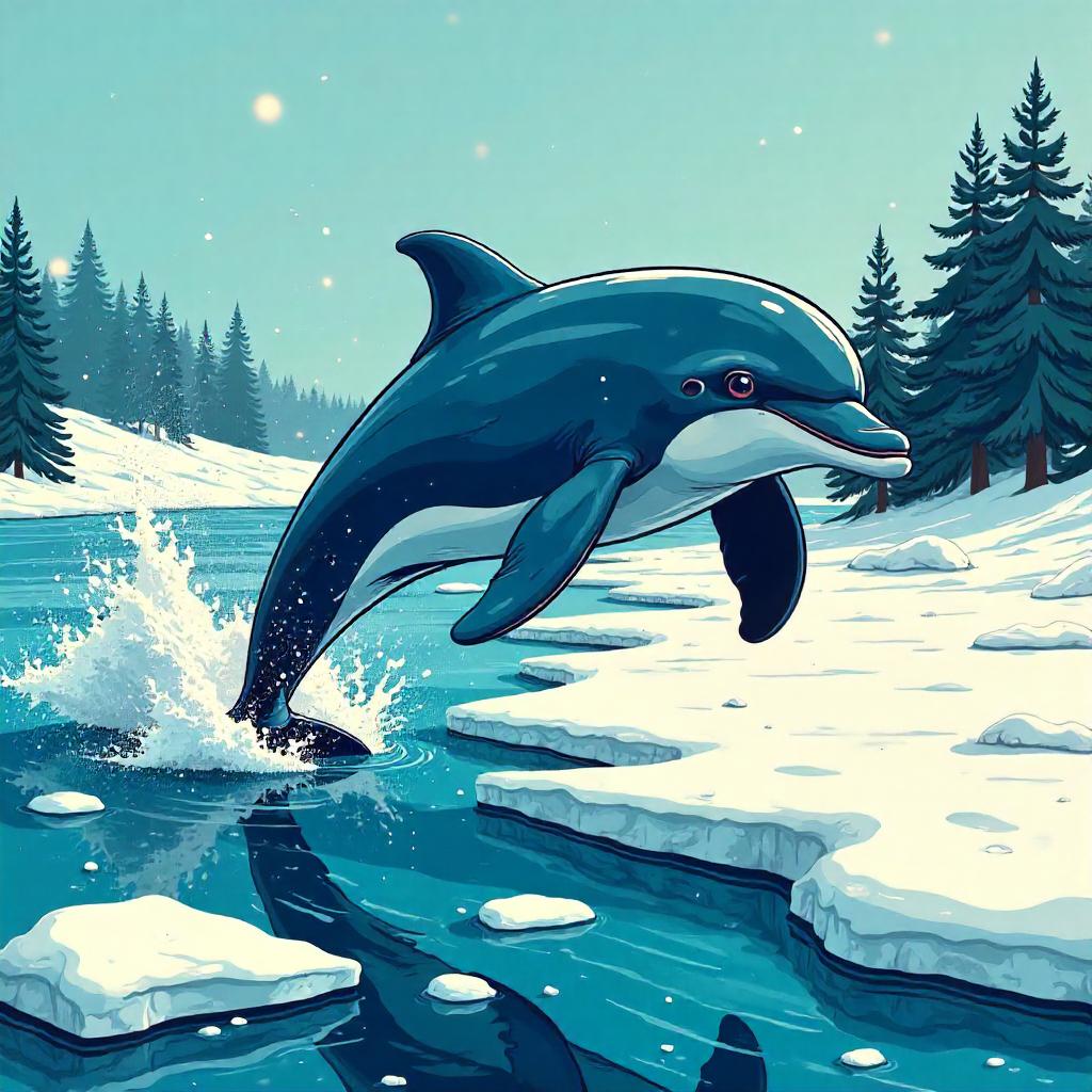 Dolphin Comic Splash on a Frozen Lake