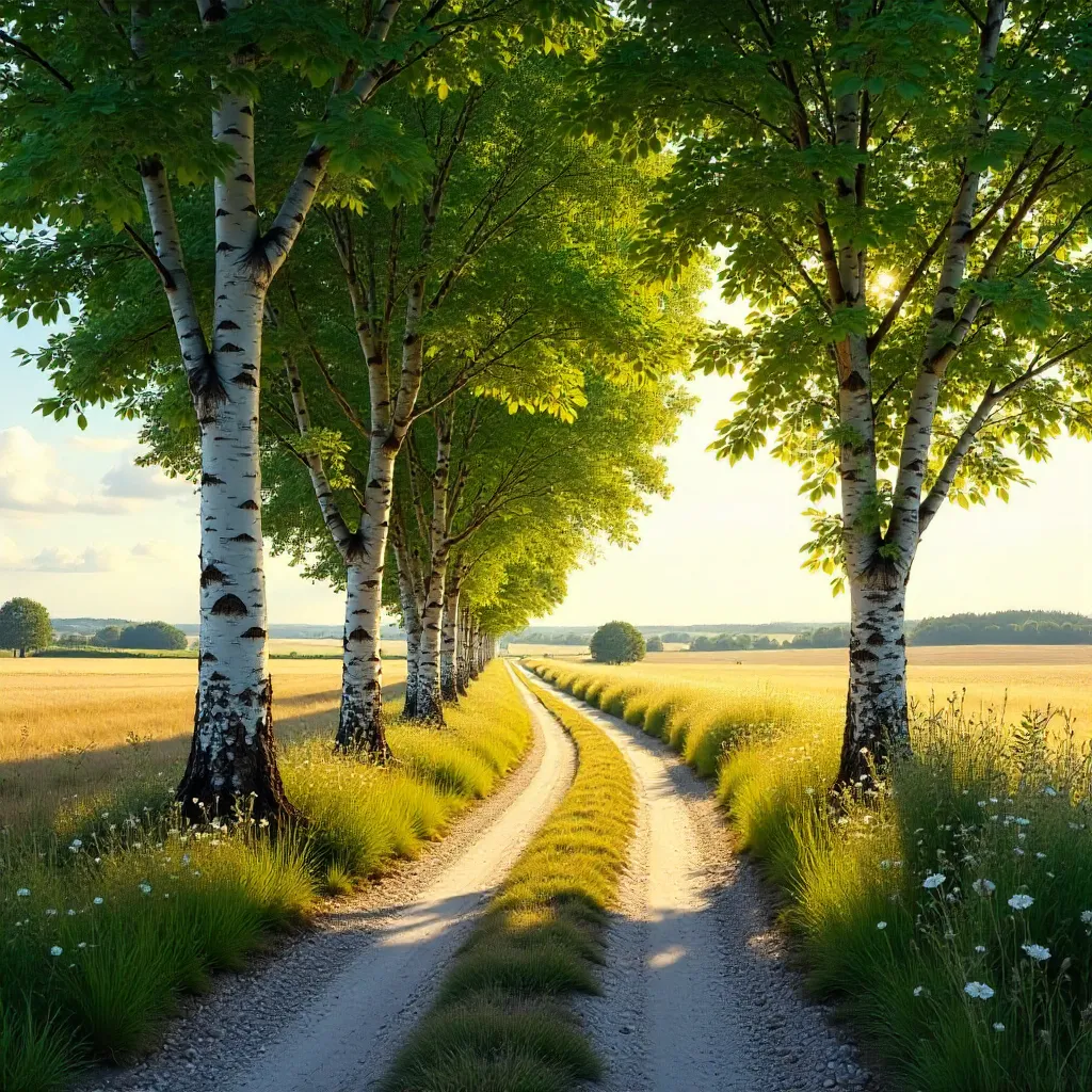 Birch-Lined Rural Lane to the Horizon