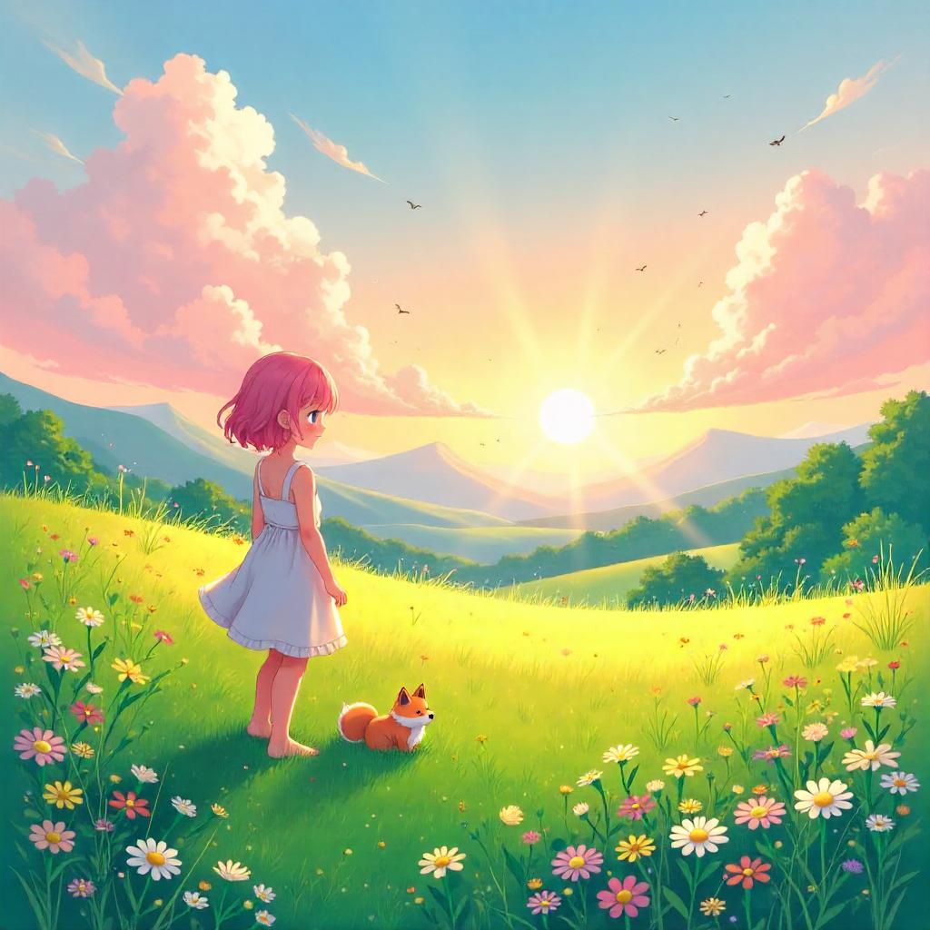 Anime Sunrise Meadow at Dawn