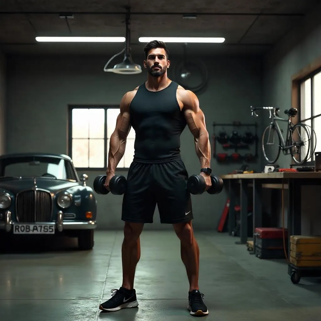 Athletic Latino Man in a Photorealistic Garage