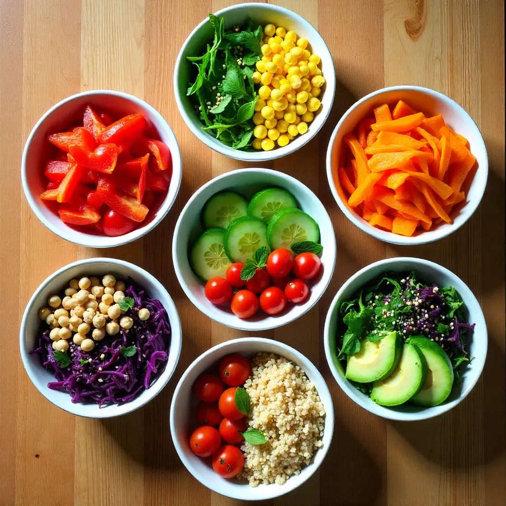 Top-Down View: Vibrant Vegan Bowls of Fresh Veggies