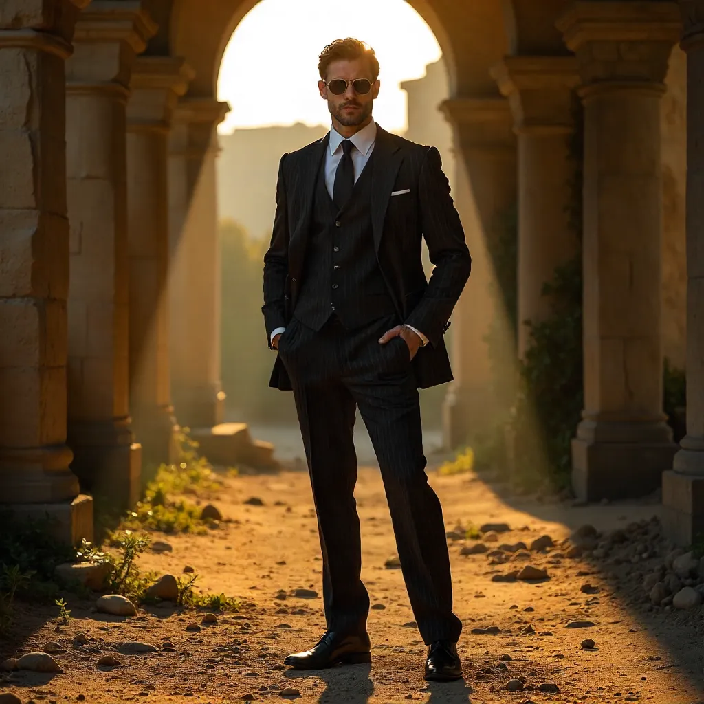 Dramatic Suit in Sunlit Rustic Ruins