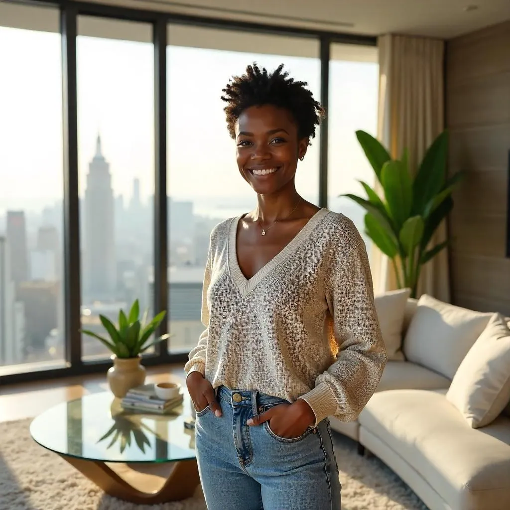Cheerful Black Woman in a Modern Penthouse