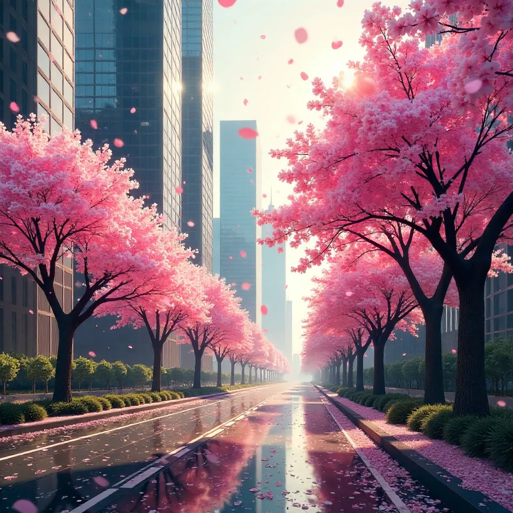 Cherry Blossoms Around Skyscrapers in Spring
