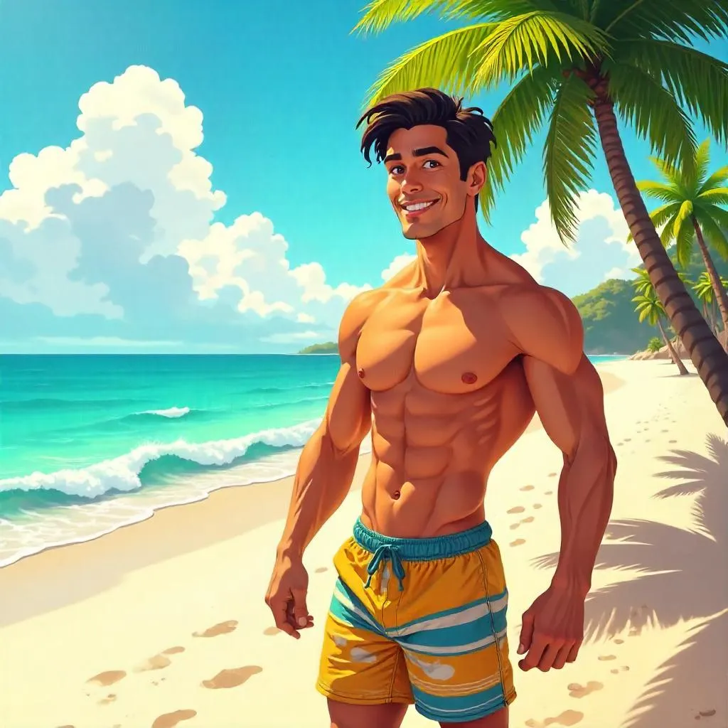 Handsome Latino Man on the Beach - Anime Style