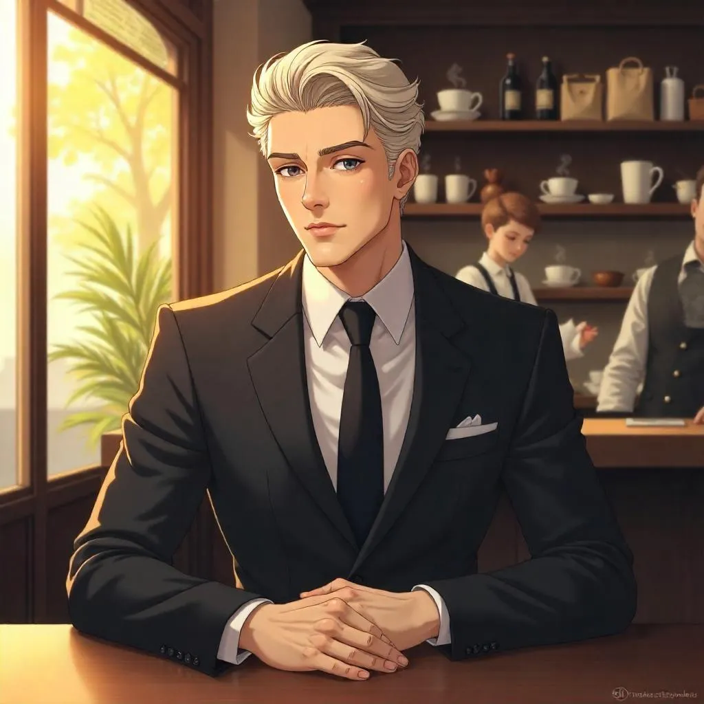 Elegant Anime Gentleman in a Cozy Coffee Shop