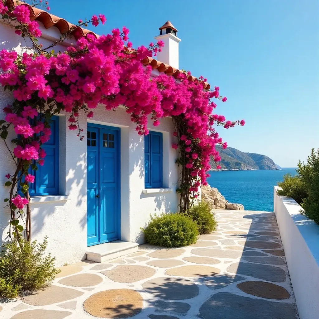 Bougainvillea-Clad Bozcaada House on a Sunny Day