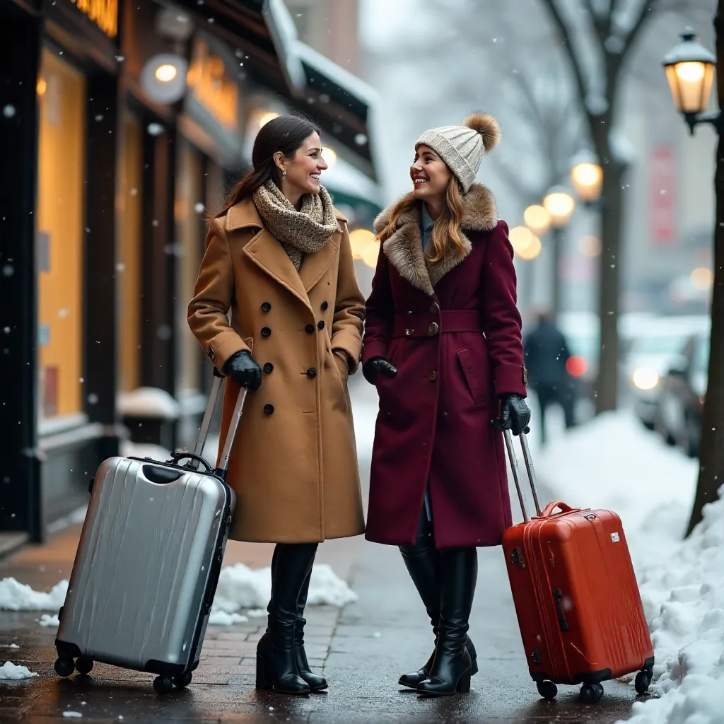 Laughing in Snow: Two Stylish Women with a Luggage Cart