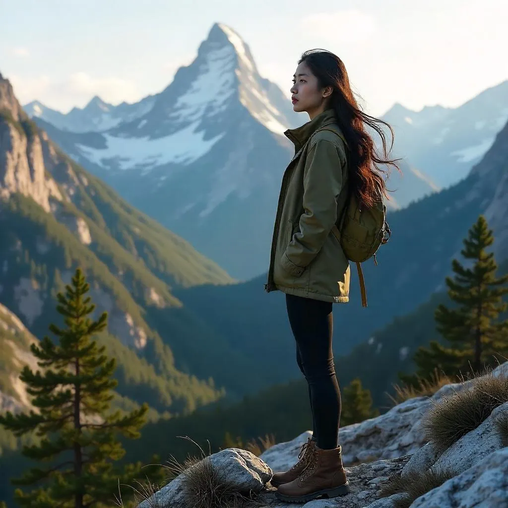 Photorealistic Asian Woman in Majestic Mountain Landscape
