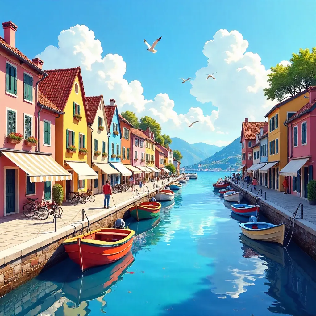 Sunlit Waterfront Village with Colorful Houses and Boats