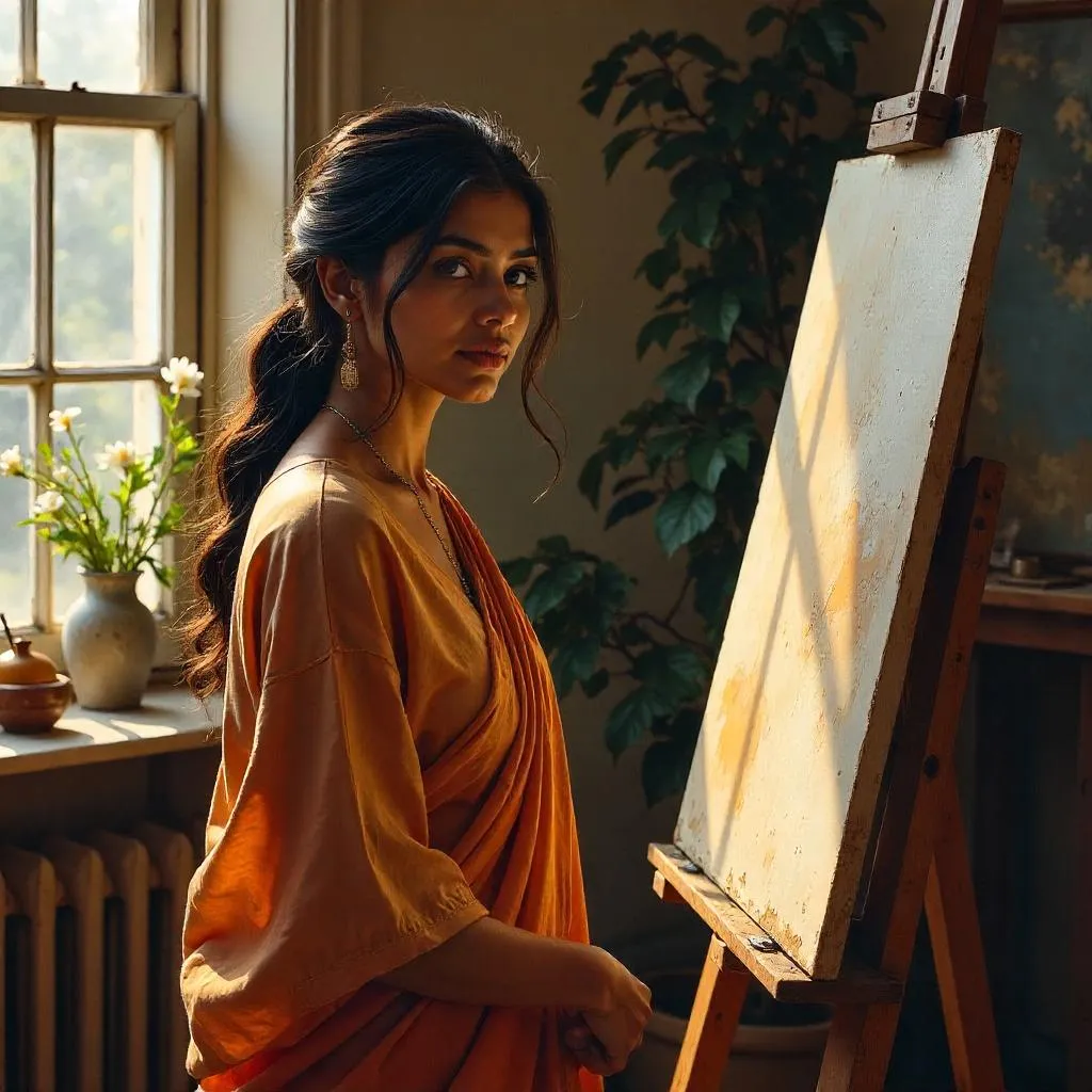 Oil Portrait of a Young Indian Woman in a Studio
