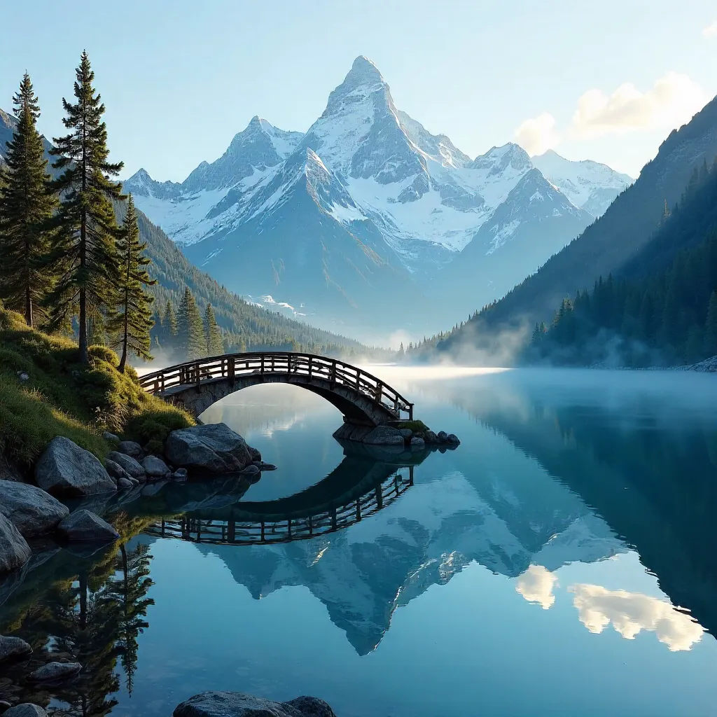 Alpine Bridge Over a Tranquil Lake at Golden Hour