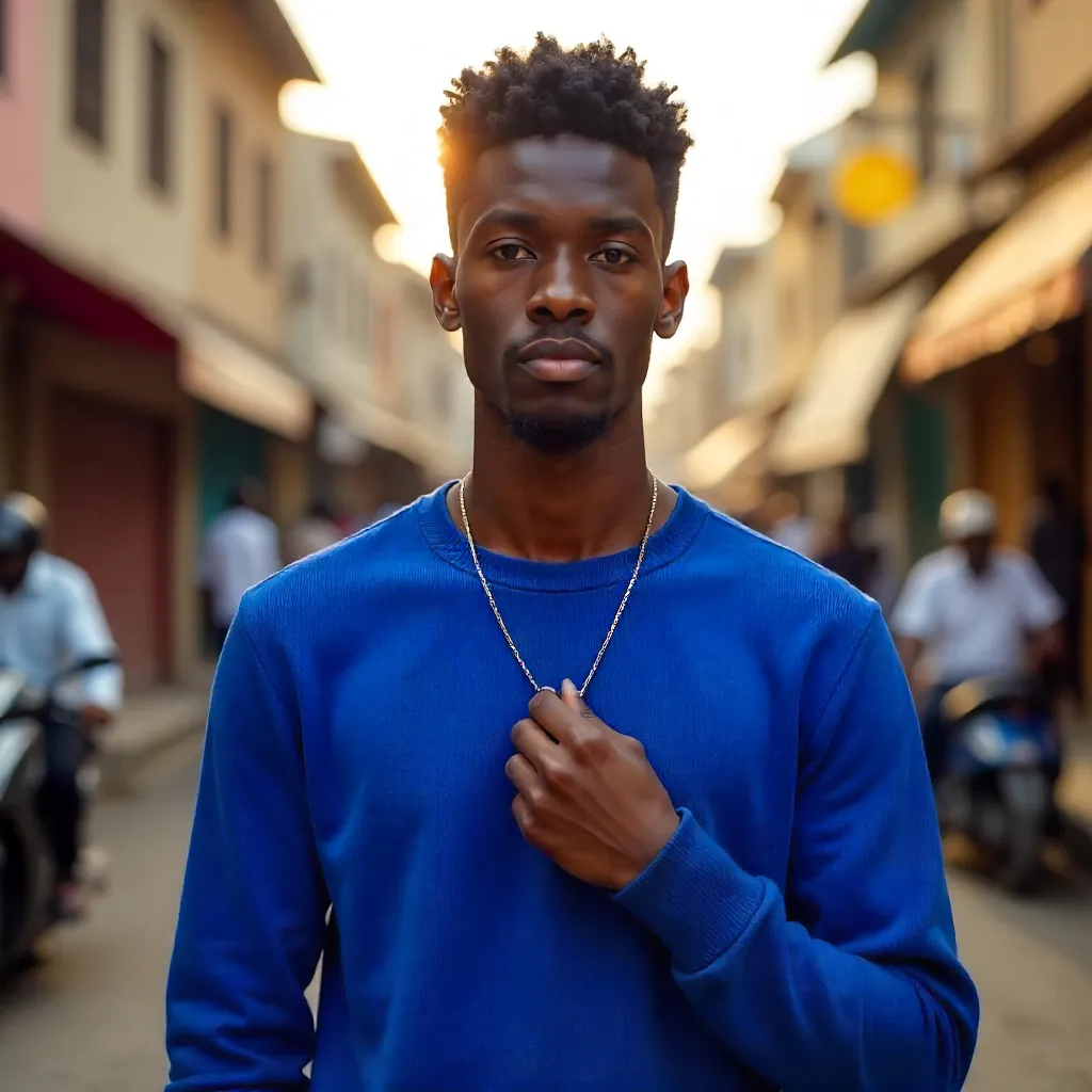 Confident Lagos Youth in Blue Sweater Adjusting Necklace