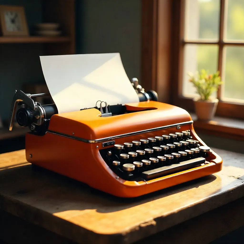 Retro Orange Typewriter on a Wooden Desk