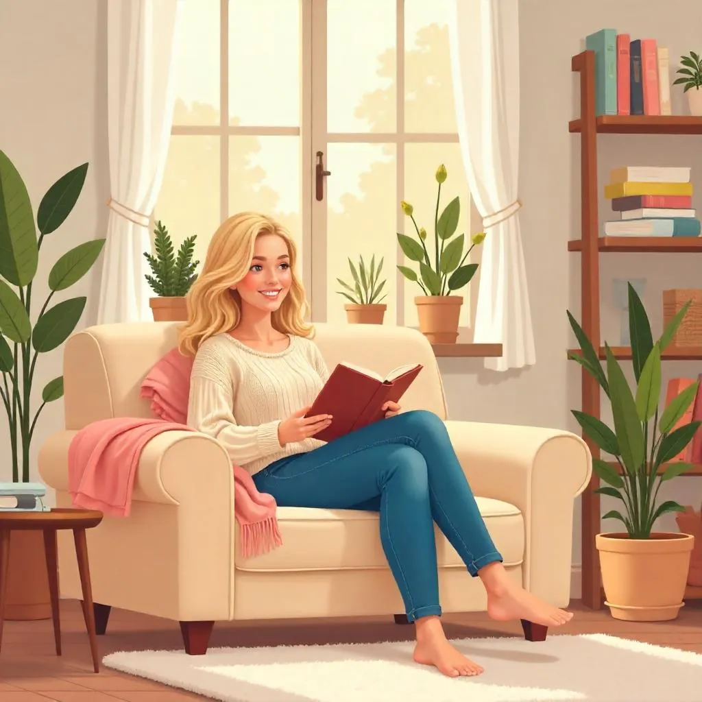Cozy Cartoon Living Room with a Beautiful Woman