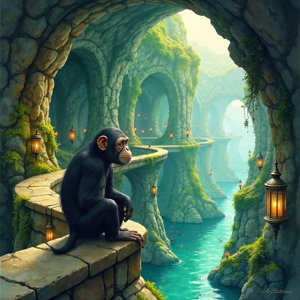 Watercolor Chimpanzee in an Underground City
