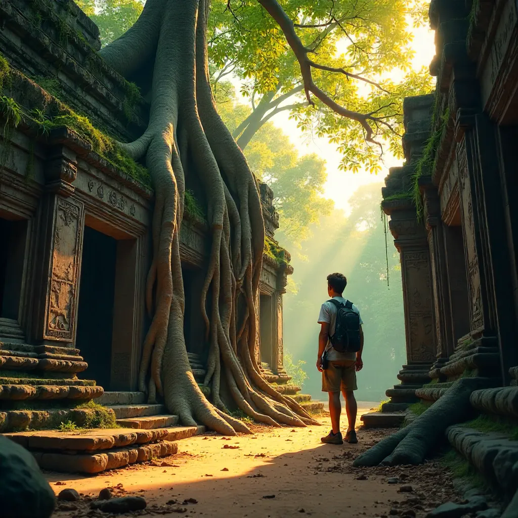 Visitor Amid Ta Prohm: Carved Roots and Ruins