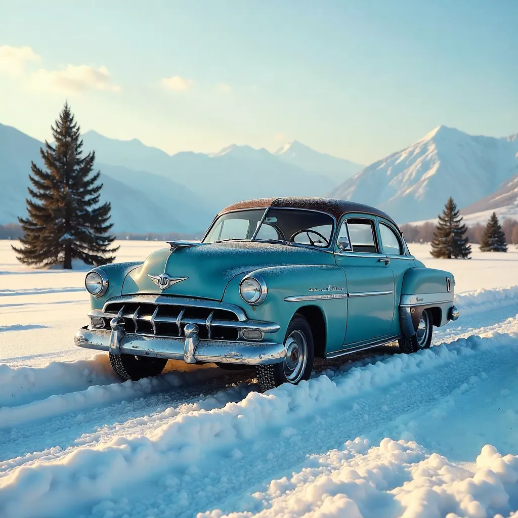 Snowy Field with a Vintage Car in Kyrgyzstan