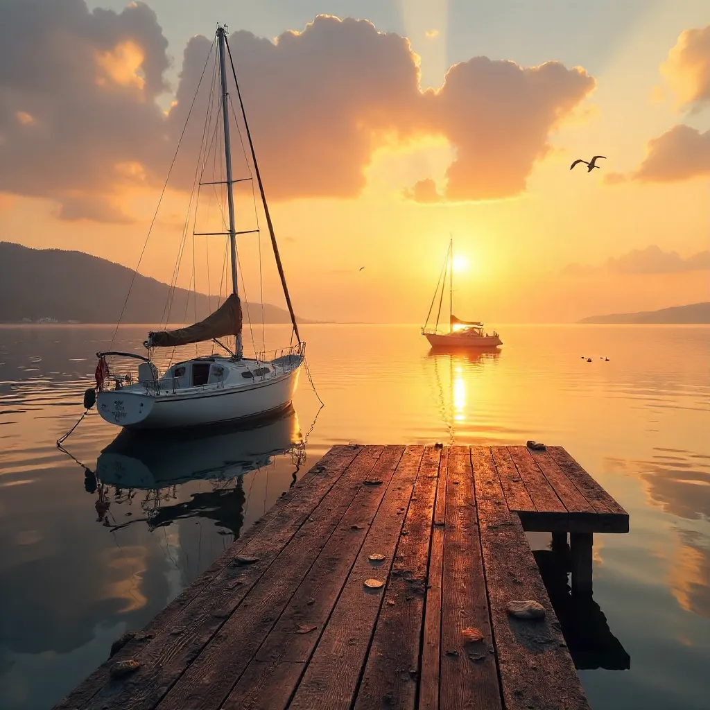 Sunset Serenity at the Dock with Floating Boats