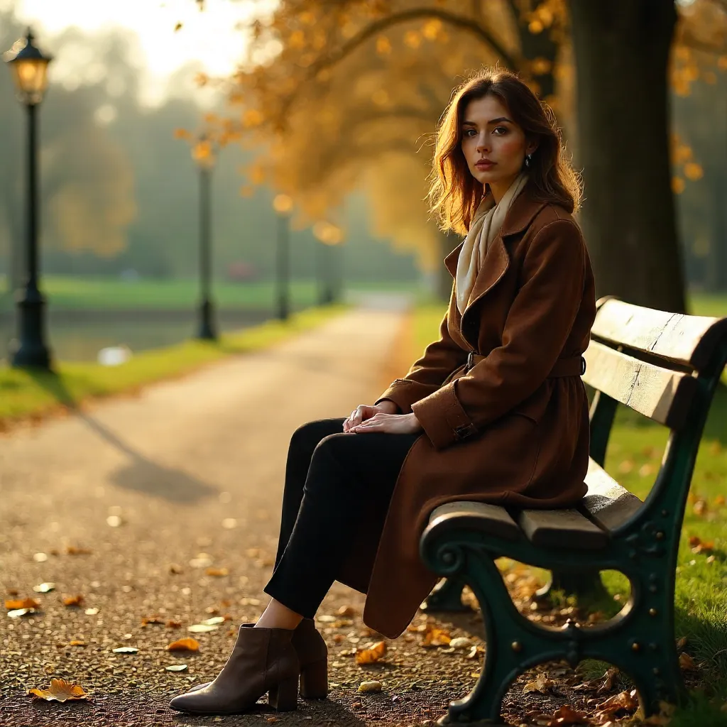 Autumn Chic: Woman in Brown Coat on Park Bench