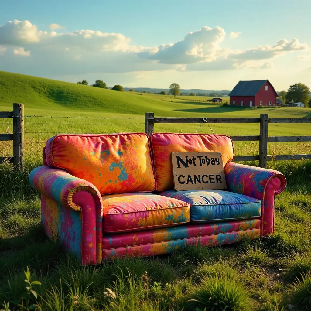 Bright Painted Couch with Not Today Cancer Sign in Rural Landscape