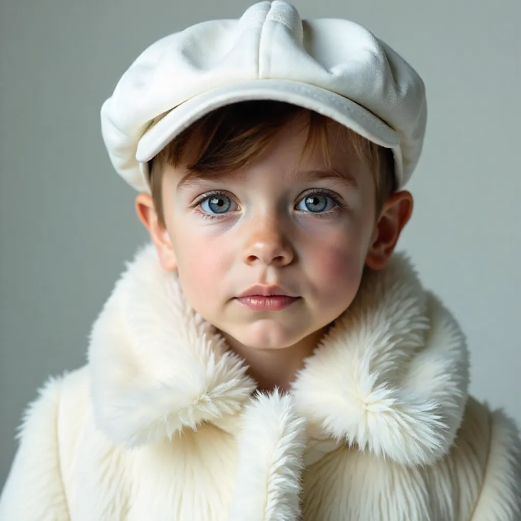 Close-Up Portrait of a Boy in White Cap and Faux Fur Coat