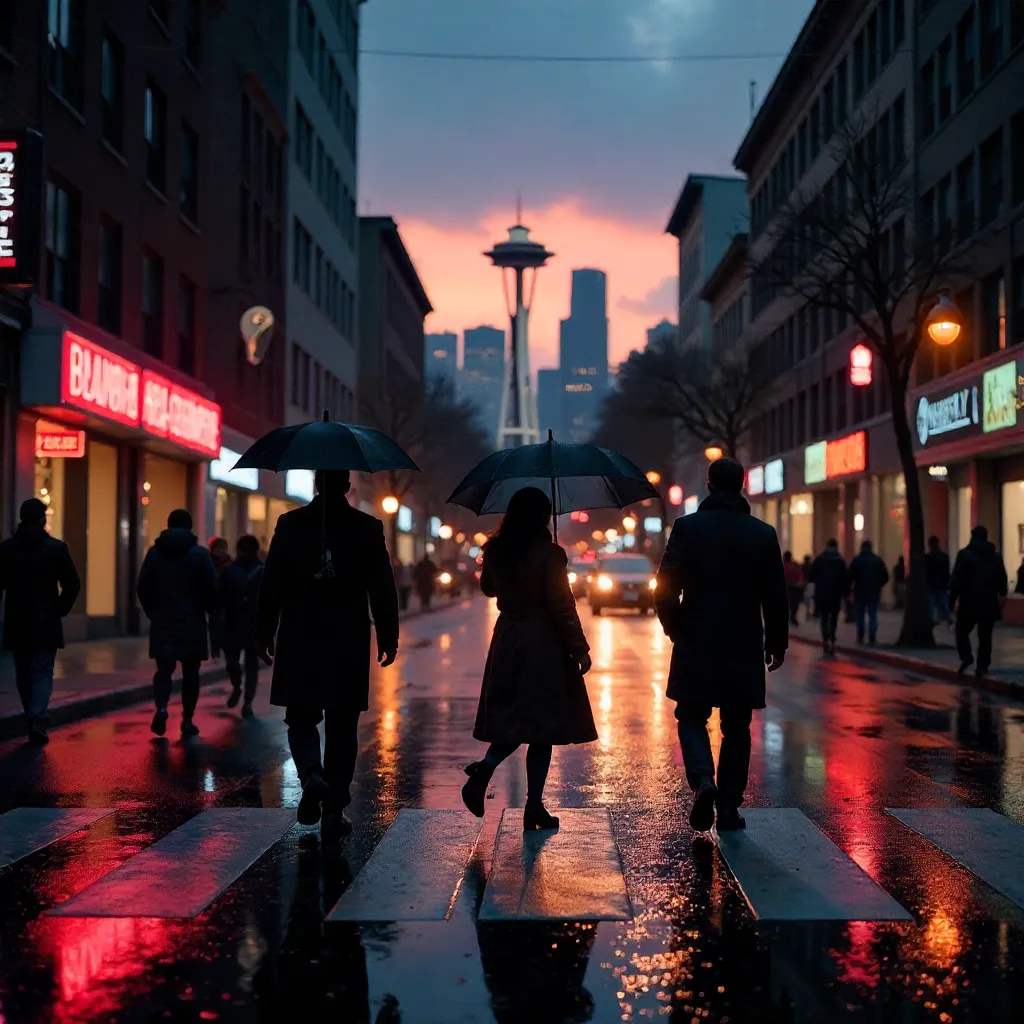 Dusk Silhouettes Crossing a Seattle Street