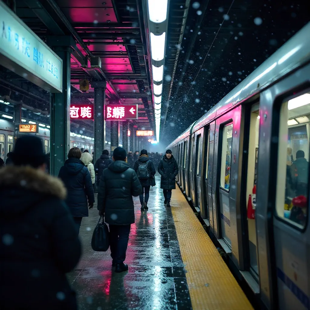 Snow at a Bustling Shinjuku Station Platform