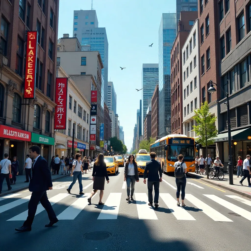 Pedestrians Crossing a Vibrant City Street