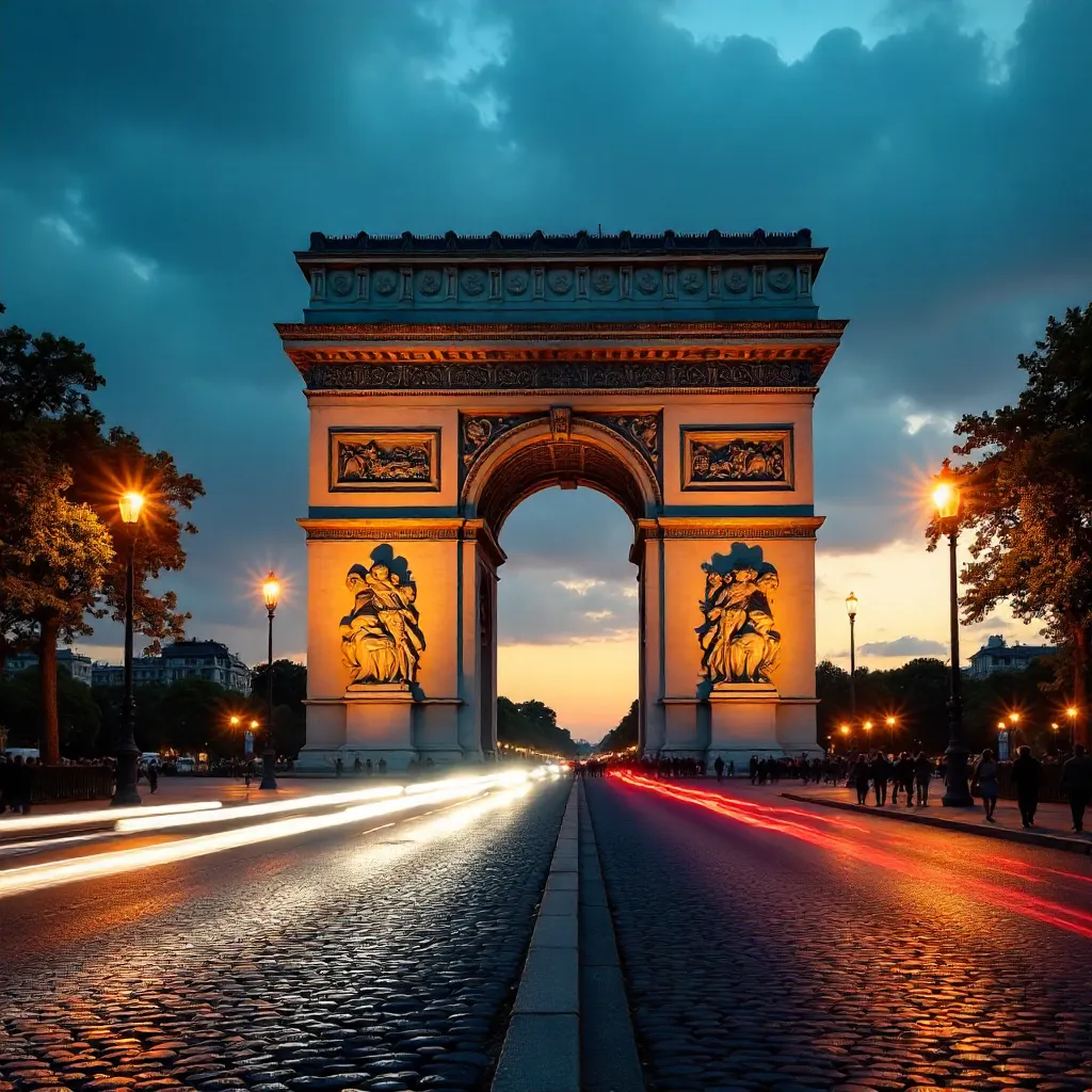 Dusk at Arc de Triomphe with Traffic Blur