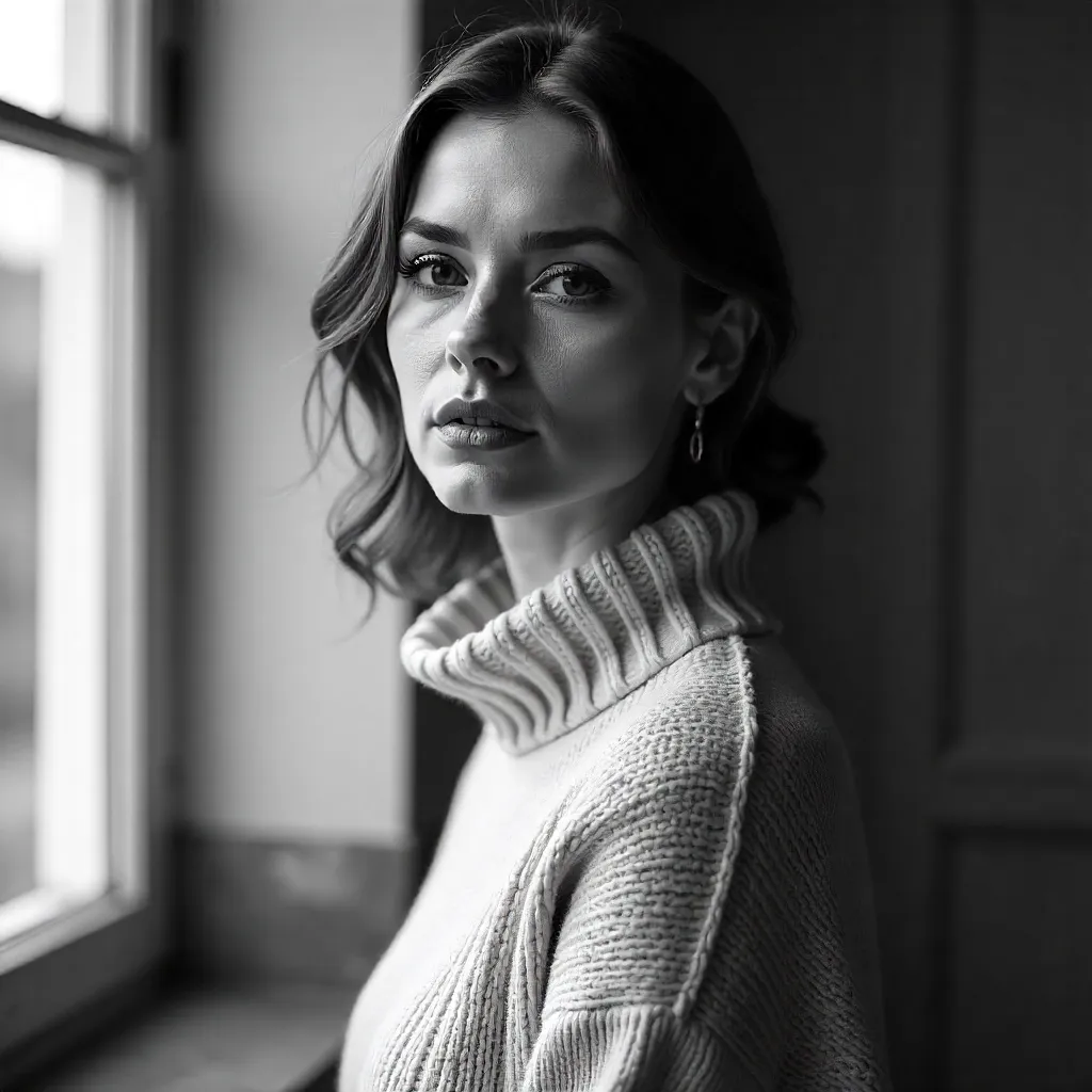 Timeless Black-and-White Portrait of a Woman in a Knit Sweater