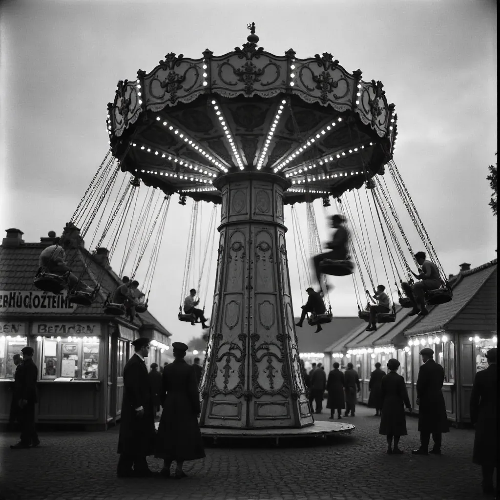 Vintage Black-and-White Swing Ride at German Kirmes