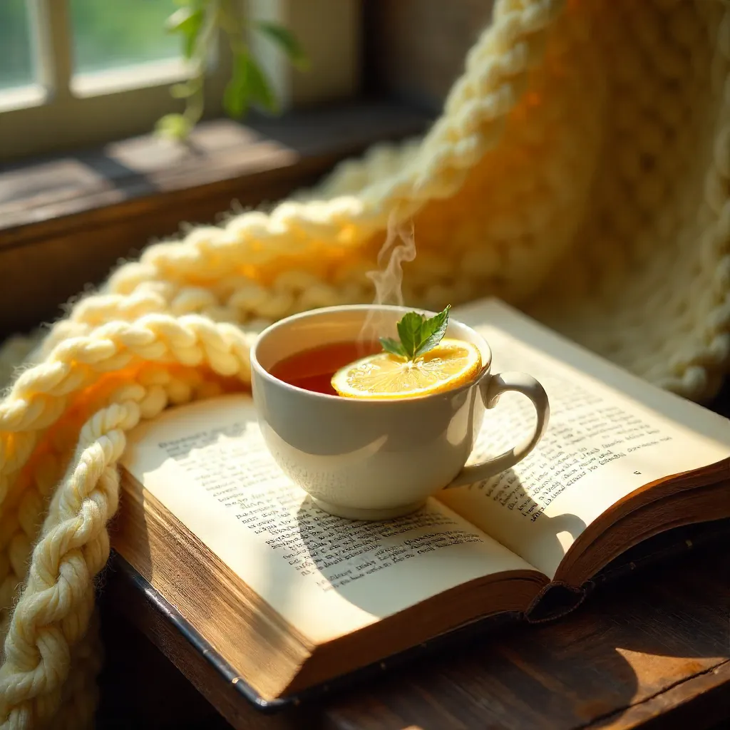 Cozy Lemon Tea on Vintage Pages and Knit Blanket