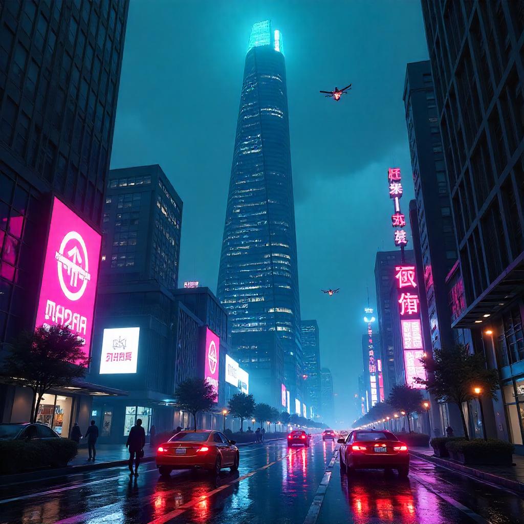 Neon Tower Over a Futuristic City