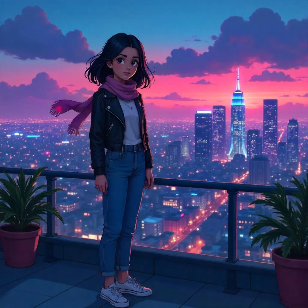 Rooftop Night: Anime-Style Middle Eastern Woman