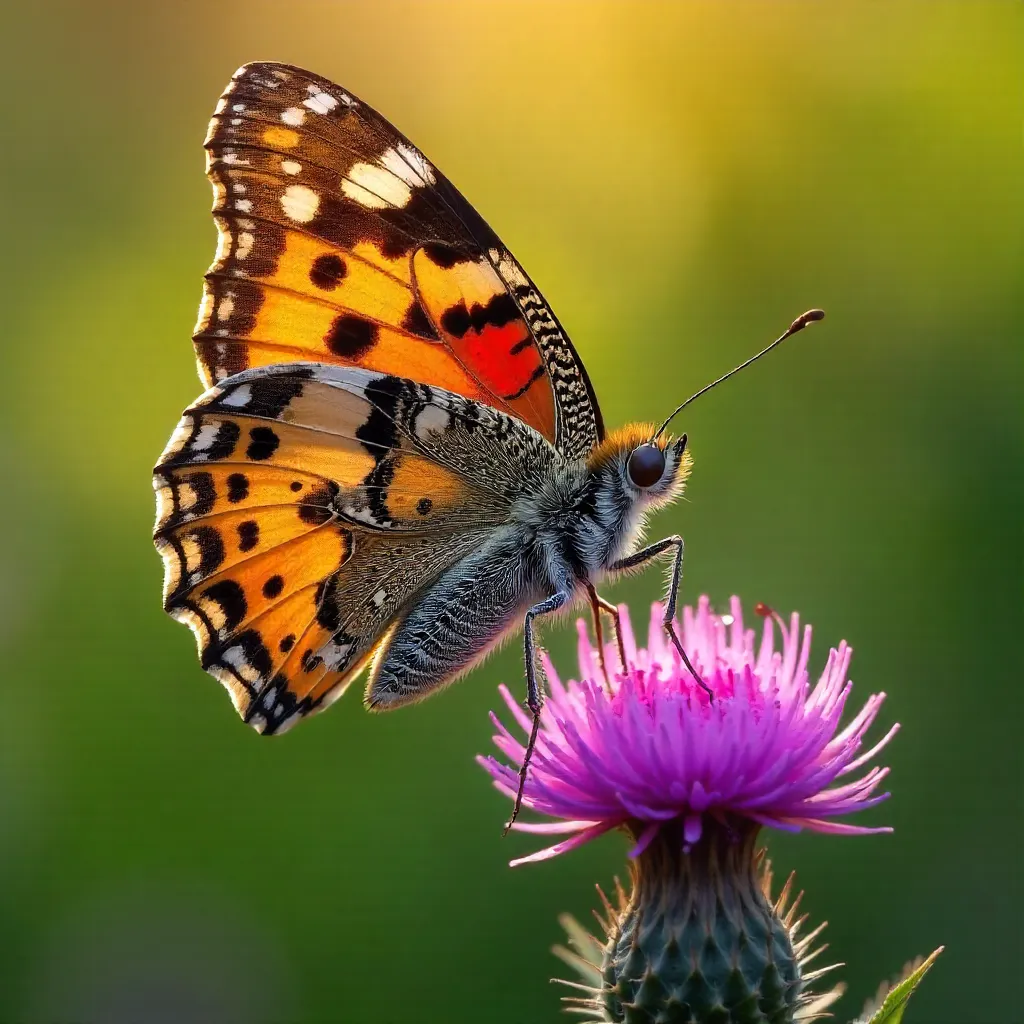Vibrant Painted Lady on Thistle Wings